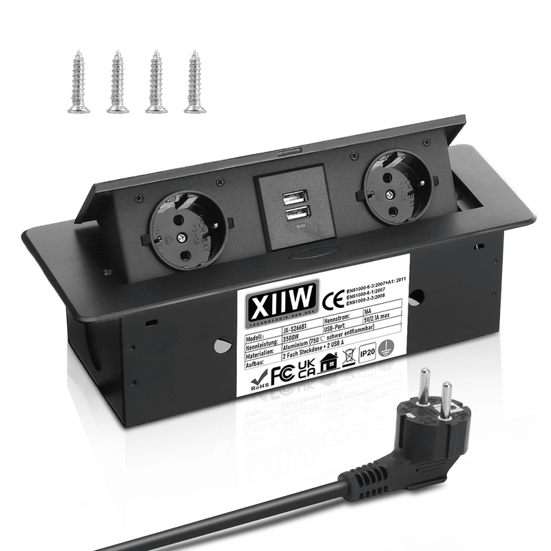 Infälld bordskontakt 2-fack med 2x USB | Pop-up-inbyggnadsuttag i aluminium | 223x110 mm hålmått