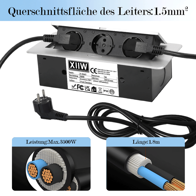Infällbart bordsuttag 2-fack med 2x USB | popup-inbyggnadsuttag i aluminium | hålmått 223x110 mm