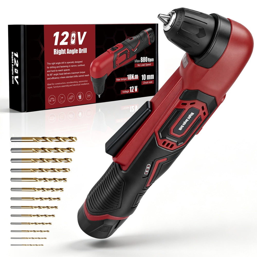 XIIW 12V batteridrevet vinkelboremaskine 90°, 18 Nm, 10 mm selvspændende borepatron, 2-trins vinkelboremaskine med 2,0Ah batteri og LED
