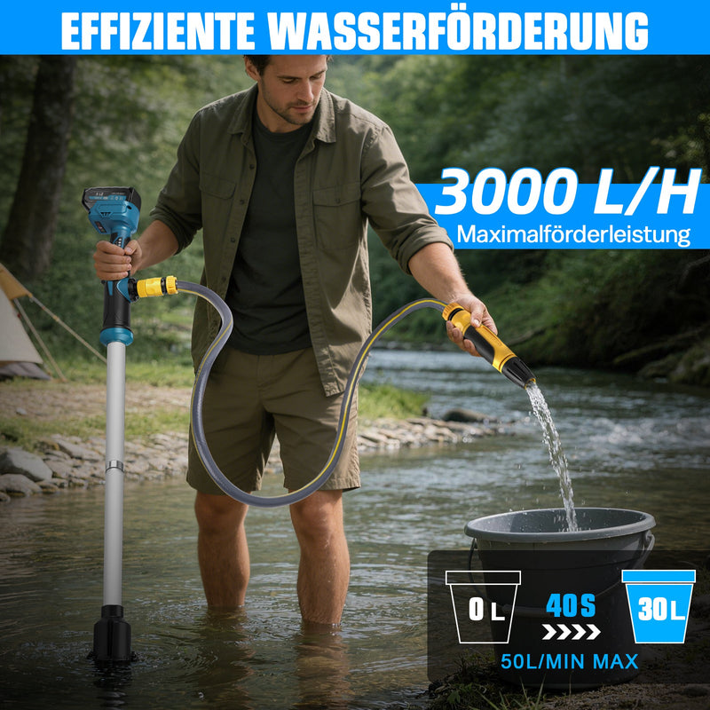 XIIW 18V batteri - stavpump 3000L/h | Universell vattenpump för 18V-batterisystem | dränkbar pump inkl. 2x 2.0Ah batteri & 3/4" anslutning