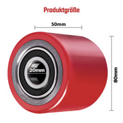 XIIW 2x PU Hubwagenrollen 80x50 mm Rot, Achse 20 mm, Ersatzrollen für Handhubwagen, bis 500 kg pro Rolle