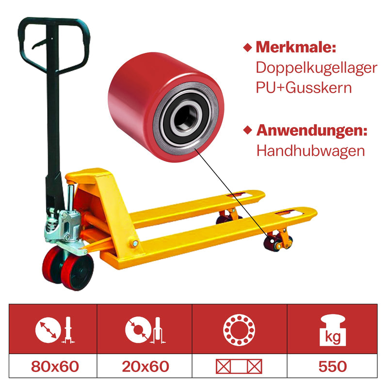XIIW 2x PU Hubwagenrollen 80x60 mm Rot, Achse 20 mm, Ersatzrollen für Handhubwagen, bis 550 kg pro Rolle