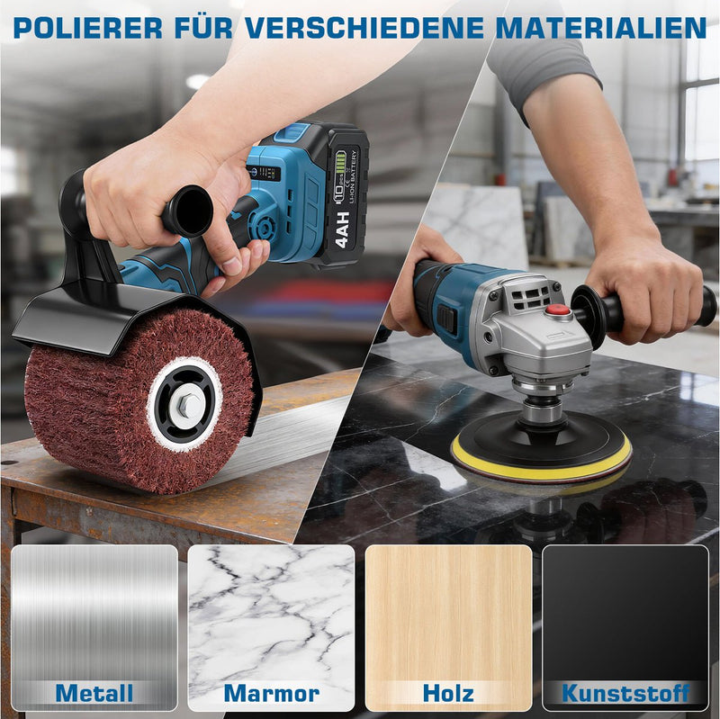 XIIW 3-in-1 Akku-Satiniermaschine 1200W, Bürstenschleifer & Poliermaschine, 2×4,0Ah Akkus, 5500–9000 U/min, M14