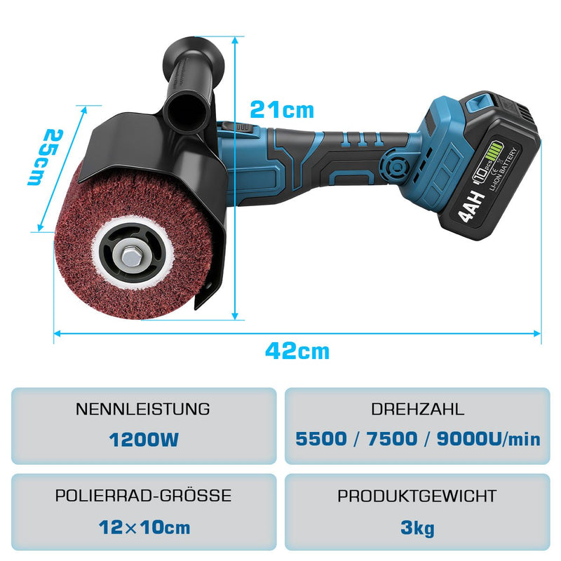 XIIW 3-in-1 Akku-Satiniermaschine 1200W, Bürstenschleifer & Poliermaschine, 2×4,0Ah Akkus, 5500–9000 U/min, M14