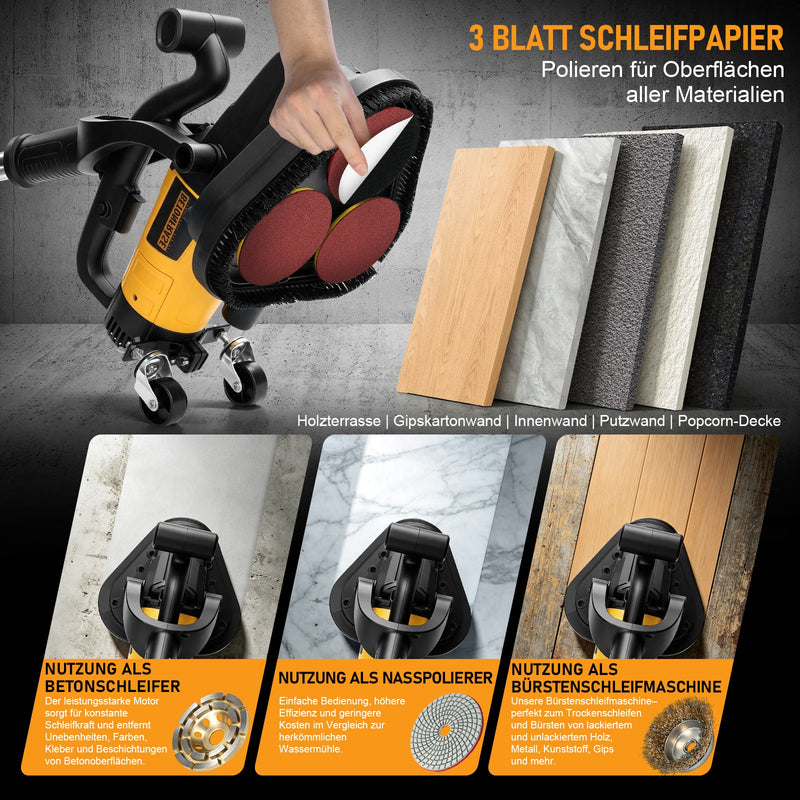 XIIW 3800W Betonschleifer 3-Scheiben, Ø105 mm, 6 Stufen, Nass/Trocken, Staubabsaugung, langer Handgriff