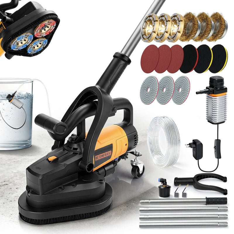 XIIW 3800W Betonschleifer 3-Scheiben, Ø105 mm, 6 Stufen, Nass/Trocken, Staubabsaugung, langer Handgriff