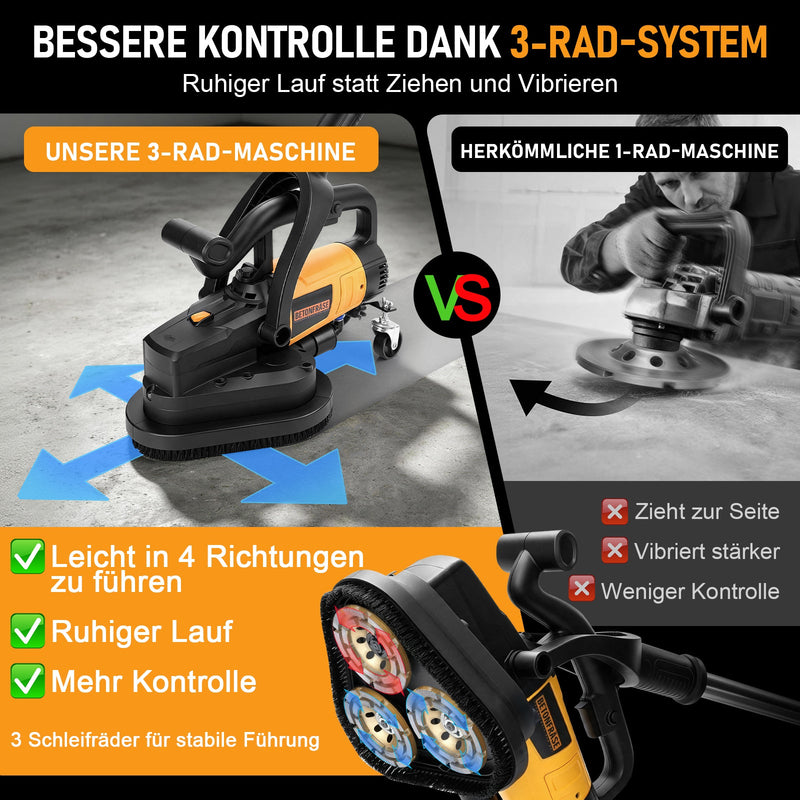 XIIW 3800W Betonschleifer 3-Scheiben, Ø105 mm, 6 Stufen, Nass/Trocken, Staubabsaugung, langer Handgriff