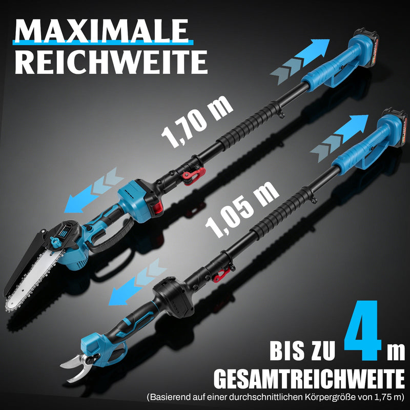 XIIW 4-in-1 Akku Hochentaster & Gartenschere Set 600W bürstenlos – Mini Kettensäge mit Teleskopstange, 2 Akkus, Baumschnitt Werkzeug Set