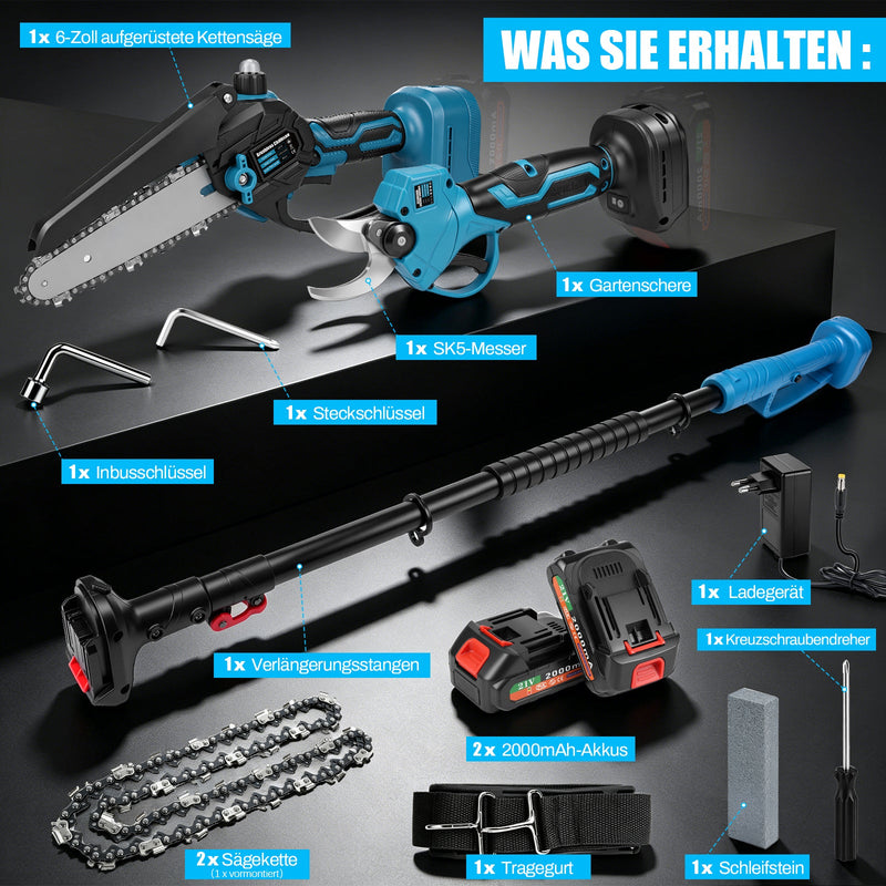 XIIW 4-in-1 Akku Hochentaster & Gartenschere Set 600W bürstenlos – Mini Kettensäge mit Teleskopstange, 2 Akkus, Baumschnitt Werkzeug Set