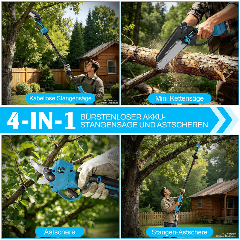 XIIW 4-in-1 Akku Hochentaster & Gartenschere Set 600W bürstenlos – Mini Kettensäge mit Teleskopstange, 2 Akkus, Baumschnitt Werkzeug Set