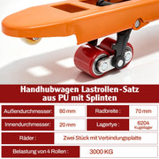 XIIW 4x PU Hubwagenrollen 80x70 mm, Lastrollen mit 6204 Kugellager 20 mm, Ersatzrollen-Set für Handhubwagen bis 3000 kg