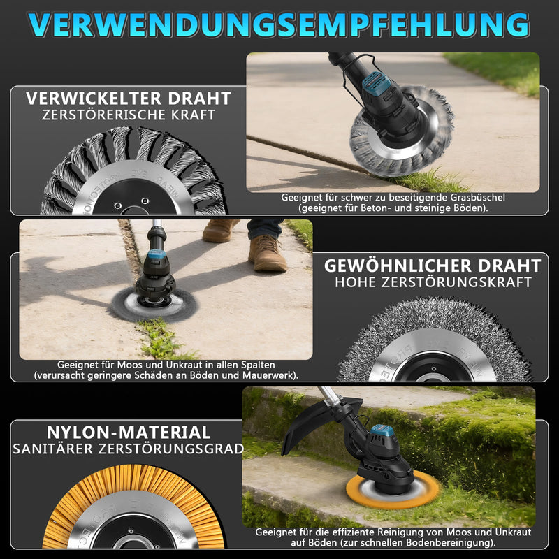 XIIW 980W Akku Rasentrimmer Bürstenlos 18V mit 2 Akkus, Unkrautbürste & Sägeblatt, Freischneider kompatibe