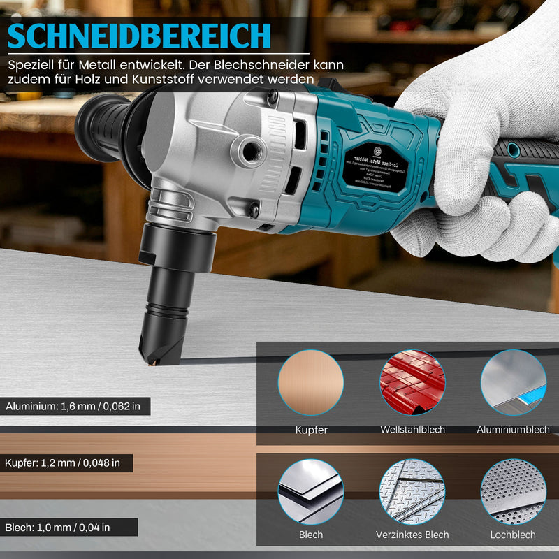 XIIW Akku-Blechknabber mit 2×4,0-Ah-Akkus – 1900 Hübe/min, 360° Schneidkopf, 3 Stufen für Aluminium, Kupfer & Stahlblech
