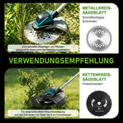 XIIW Akku Freischneider 1200 W, 16800 U/min, 2 x 4,0 Ah Akkus, 3 Unkrautbürsten, Metallmesser und Kreissägeblatt