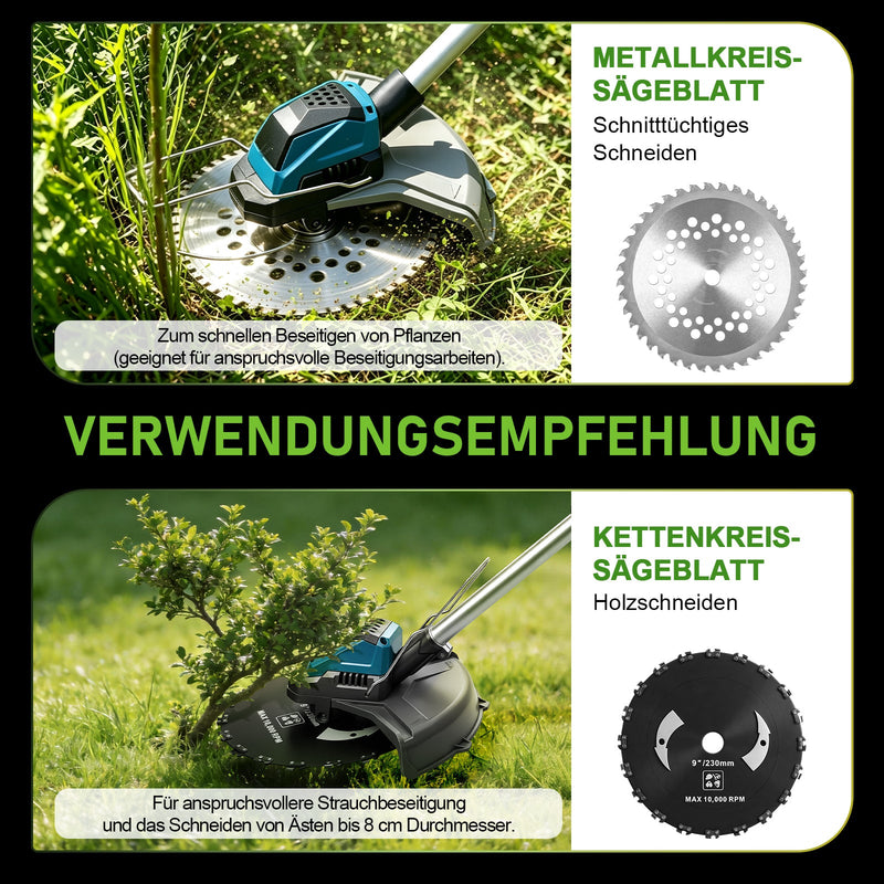 XIIW Akku Freischneider 1200 W, 16800 U/min, 2 x 4,0 Ah Akkus, 3 Unkrautbürsten, Metallmesser und Kreissägeblatt