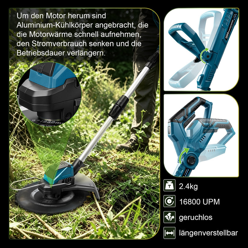 XIIW Akku Freischneider 1200 W, 16800 U/min, 2 x 4,0 Ah Akkus, 3 Unkrautbürsten, Metallmesser und Kreissägeblatt