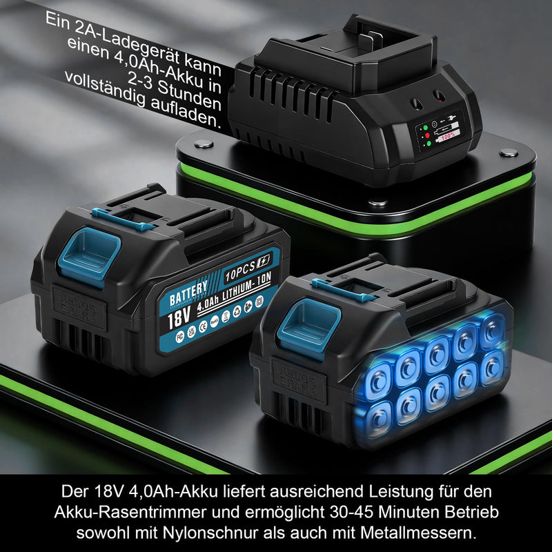 XIIW Akku Freischneider 1200 W, 16800 U/min, 2 x 4,0 Ah Akkus, 3 Unkrautbürsten, Metallmesser und Kreissägeblatt