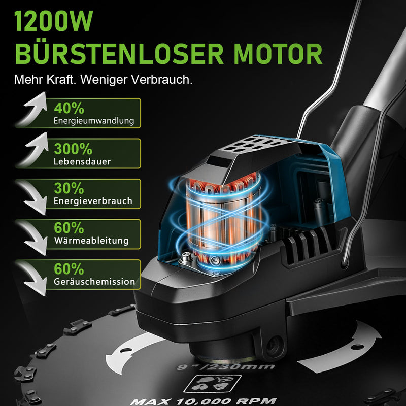 XIIW Akku Freischneider 1200 W, 16800 U/min, 2 x 4,0 Ah Akkus, 3 Unkrautbürsten, Metallmesser und Kreissägeblatt