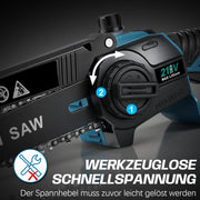 XIIW Akku-Kettensäge 6 + 8 Zoll, bürstenlose Mini-Kettensäge 900 W, 2×2,0 Ah Akkus, Ölsystem, 4 Ketten, werkzeuglose Kettenspannung, Koffer