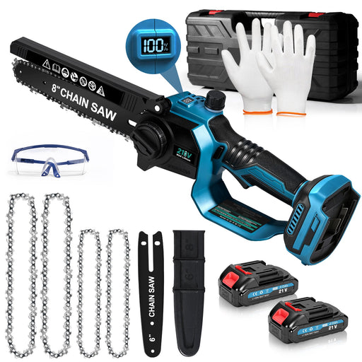XIIW cordless chainsaw 6 + 8 inch, brushless mini chainsaw 900 W, 2×2.0 Ah batteries, oiling system, 4 chains, tool-free chain tensioning, case