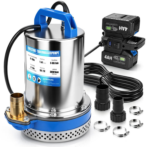 XIIW Akku-Klarwasserpumpe 300W mit 2×4Ah Akkus – Edelstahl Tauchpumpe, 80 l/min, 16 m, IPX8, 1 Zoll, für Pool, Teich, Keller & Regenfass