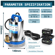 XIIW Akku-Klarwasserpumpe 300W mit 2×4Ah Akkus – Edelstahl Tauchpumpe, 80 l/min, 16 m, IPX8, 1 Zoll, für Pool, Teich, Keller & Regenfass