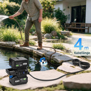 XIIW Akku-Klarwasserpumpe 300W mit 2×4Ah Akkus – Edelstahl Tauchpumpe, 80 l/min, 16 m, IPX8, 1 Zoll, für Pool, Teich, Keller & Regenfass