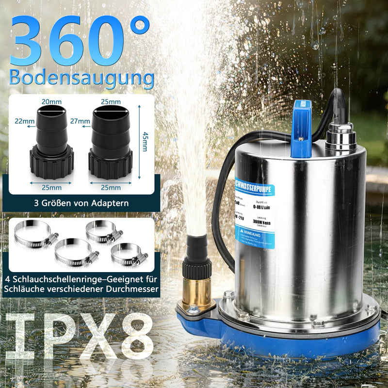 XIIW Akku-Klarwasserpumpe 300W mit 2×4Ah Akkus – Edelstahl Tauchpumpe, 80 l/min, 16 m, IPX8, 1 Zoll, für Pool, Teich, Keller & Regenfass