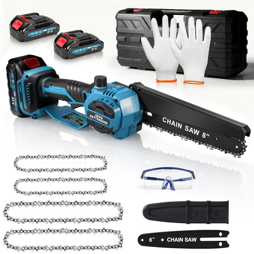 XIIW Cordless Mini Chainsaw 900 W, 6/8 inch, brushless, 28000 rpm, 2 x 2.0 Ah batteries, chain lubrication & tool-free tensioning