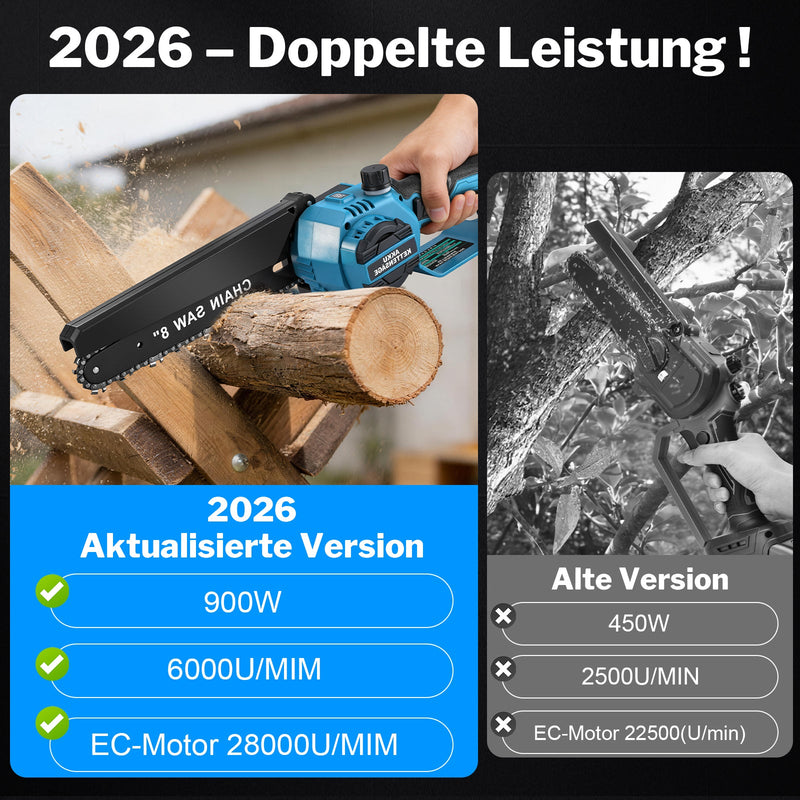 XIIW Akku Mini-Kettensäge 900 W, 6/8 Zoll, bürstenlos, 28000 U/min, 2 x 2,0 Ah Akkus, Kettenschmierung & werkzeuglose Spannung