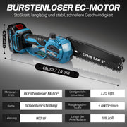 XIIW Akku Mini-Kettensäge 900 W, 6/8 Zoll, bürstenlos, 28000 U/min, 2 x 2,0 Ah Akkus, Kettenschmierung & werkzeuglose Spannung