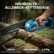 XIIW Akku Mini-Kettensäge 900 W, 6/8 Zoll, bürstenlos, 28000 U/min, 2 x 2,0 Ah Akkus, Kettenschmierung & werkzeuglose Spannung