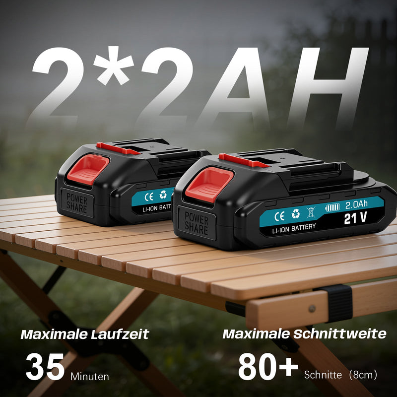 XIIW Akku Mini-Kettensäge 900 W, 6/8 Zoll, bürstenlos, 28000 U/min, 2 x 2,0 Ah Akkus, Kettenschmierung & werkzeuglose Spannung