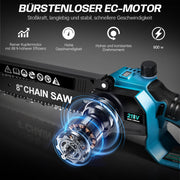 XIIW Akku Mini-Kettensäge 900 W, 6/8 Zoll, bürstenlos, 28000 U/min, 2 x 2,0 Ah Akkus, Kettenschmierung & werkzeuglose Spannung