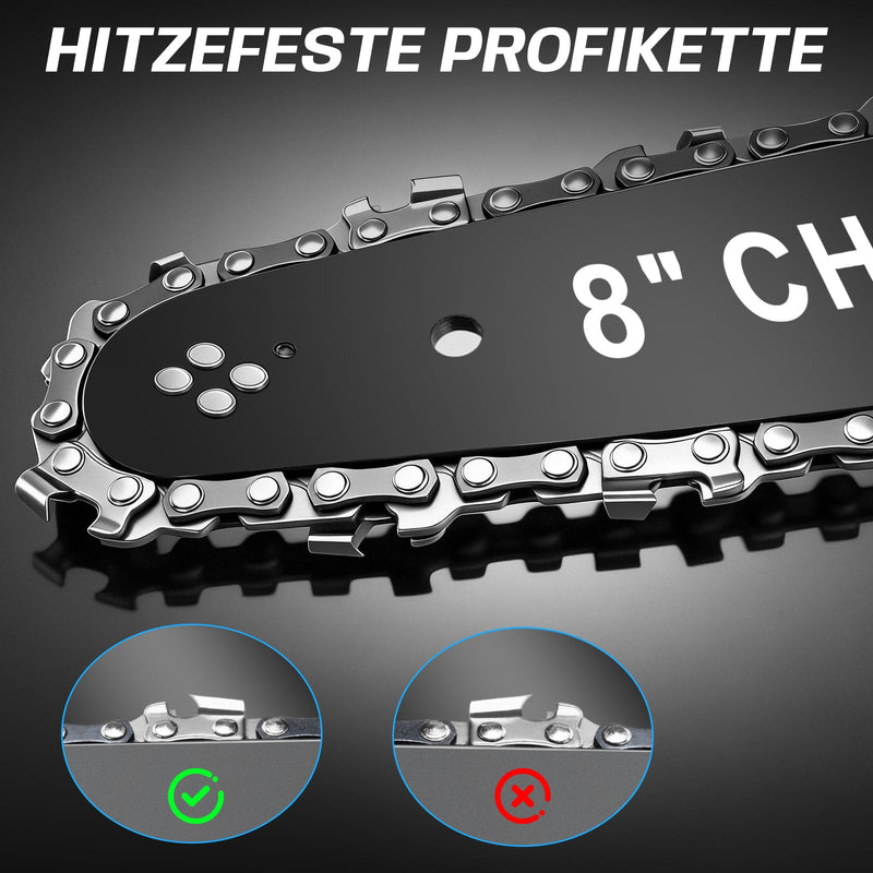 XIIW Akku Mini-Kettensäge 900 W, 6/8 Zoll, bürstenlos, 28000 U/min, 2 x 2,0 Ah Akkus, Kettenschmierung & werkzeuglose Spannung