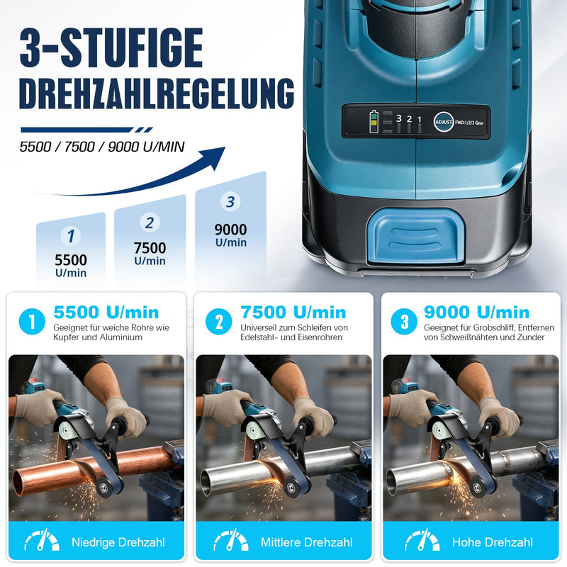 XIIW Akku Rohrbandschleifer 1000 W, 40 x 760 mm, 5500–9000 U/min, 240° Umschlingung, 2 x 4,0 Ah Akkus