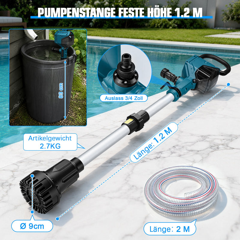 XIIW Akku-Wasserpumpe mit 2×4Ah Akkus, 3600 l/h, 10 m Förderhöhe, 3/4 Zoll – Transferpumpe für Regentonne, Pool, Keller & Garten