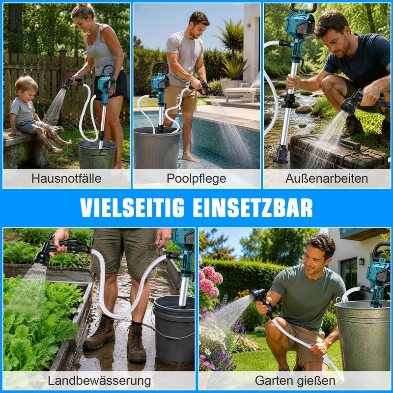 XIIW Akku-Wasserpumpe mit 2×4Ah Akkus, 3600 l/h, 10 m Förderhöhe, 3/4 Zoll – Transferpumpe für Regentonne, Pool, Keller & Garten