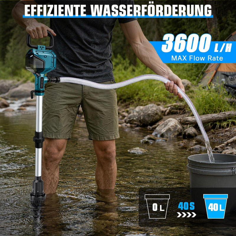 XIIW Akku-Wasserpumpe mit 2×4Ah Akkus, 3600 l/h, 10 m Förderhöhe, 3/4 Zoll – Transferpumpe für Regentonne, Pool, Keller & Garten