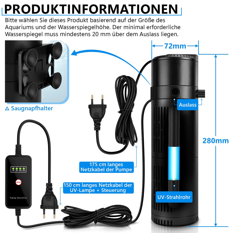 XIIW Aquarium UVC Klärer Pumpe 1200L/H, 4-in-1 UV-C Innenfilter gegen grünes & trübes Wasser, für 180–420L