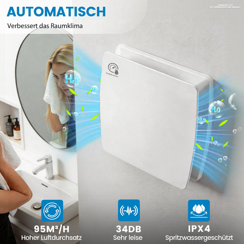 XIIW Aspiratore bagno 100 mm con sensore di umidità e timer | Ventola di scarico silenziosa per bagno, WC e cucina | Ventola a controllo umidità e per condotto