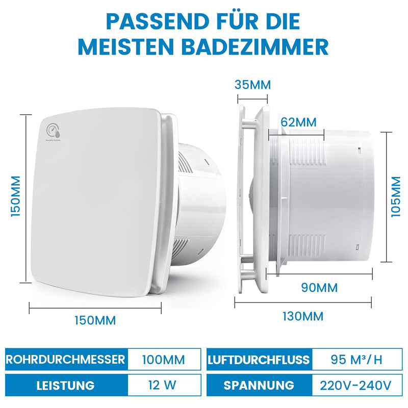 XIIW Ventilatore da bagno 100 mm con sensore di umidità e temporizzatore | Ventola di aspirazione silenziosa per bagno, WC e cucina | Ventilatore per tubo con controllo umidità