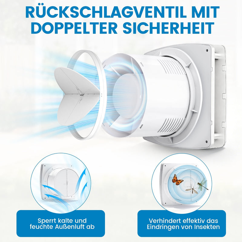 XIIW Ventilatore 100mm con sensore di umidità e post-ventilazione | Ventola di aspirazione silenziosa per bagno, WC e cucina | Ventilatore a controllo umidità e da condotto