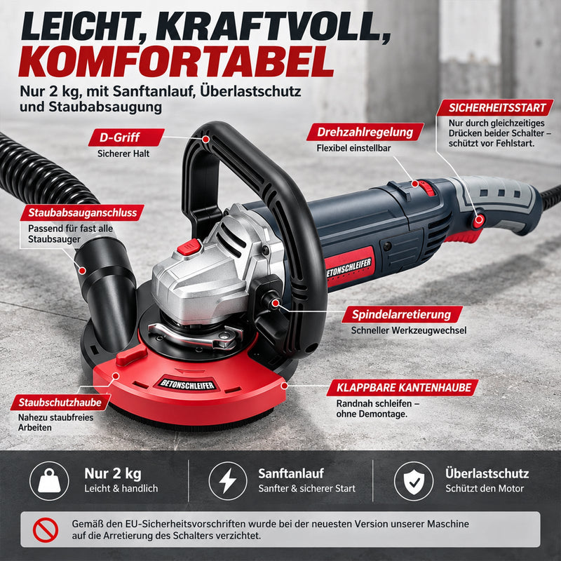 XIIW Betonschleifer 2100W Ø125 mm, Sanierungsfräse 3000–9000 U/min, Staubabsaugung, Kantenhaube & Drehzahlregelung