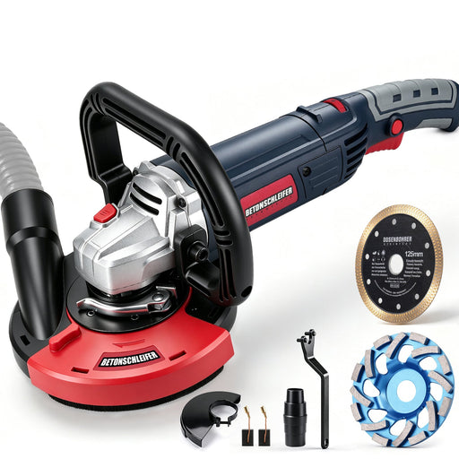 XIIW Betonschleifer 2100W Ø125 mm, Sanierungsfräse 3000–9000 U/min, Staubabsaugung, Kantenhaube & Drehzahlregelung