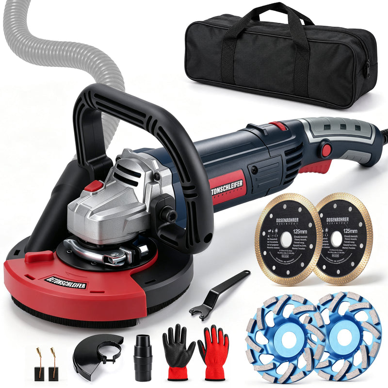 XIIW Betonschleifer 2100W Ø125 mm, Sanierungsschleifer 3000–9000 U/min, Staubabsaugung, Kantenhaube, 2 Schleiftöpfe + 2 Trennscheiben