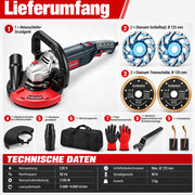 XIIW Betonschleifer 2100W Ø125 mm, Sanierungsschleifer 3000–9000 U/min, Staubabsaugung, Kantenhaube, 2 Schleiftöpfe + 2 Trennscheiben