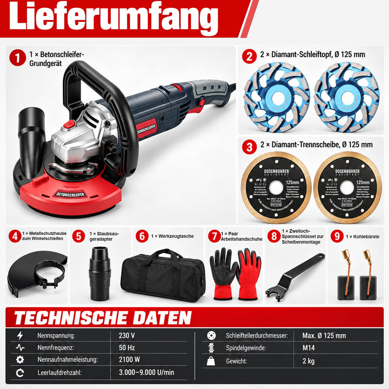 XIIW Betonschleifer 2100W Ø125 mm, Sanierungsschleifer 3000–9000 U/min, Staubabsaugung, Kantenhaube, 2 Schleiftöpfe + 2 Trennscheiben