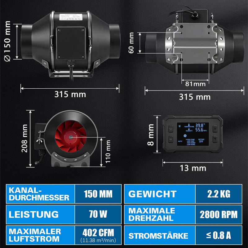 XIIW EC Rohrventilator 150 mm WLAN, 683 m³/h, 70W Inline Rohrlüfter mit Temperatur- & Feuchtigkeitssensor, Timer, IP44