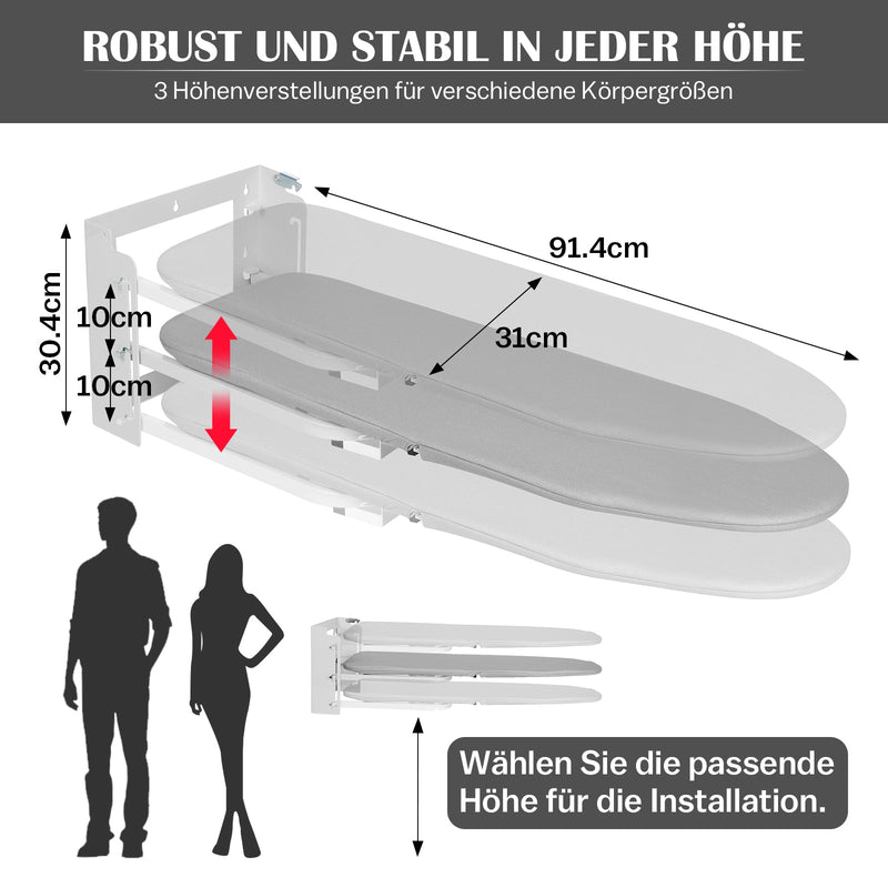 height-adjustable wall ironing board – foldable and space-saving for small apartments – 92 x 31 cm, up to 15 kg